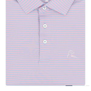RHONE The Birdie Stripe Pink Polo Shirt in Flamingo Pink/ Pure Blue
